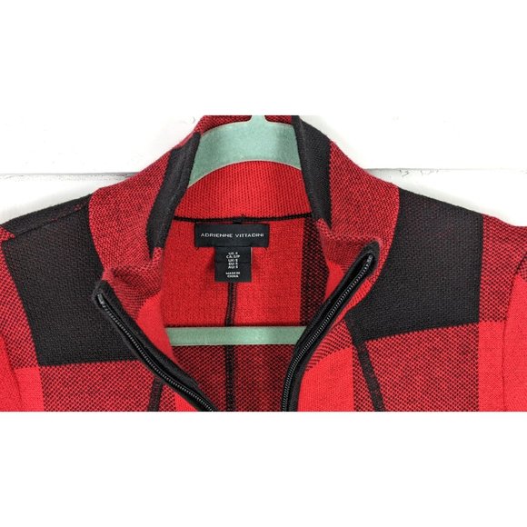 Adrienne Vittadini red black checkered buffalo plaid zipper cardigan sweater - Picture 4 of 6
